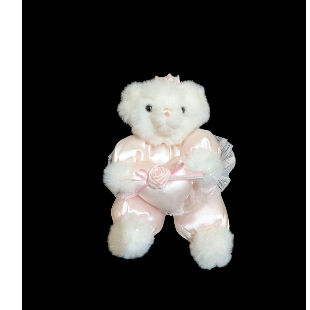 Russ Berrie Ariel White Plush Bear Pink Satin Heart Lace Tutu 7 Inch Vintage